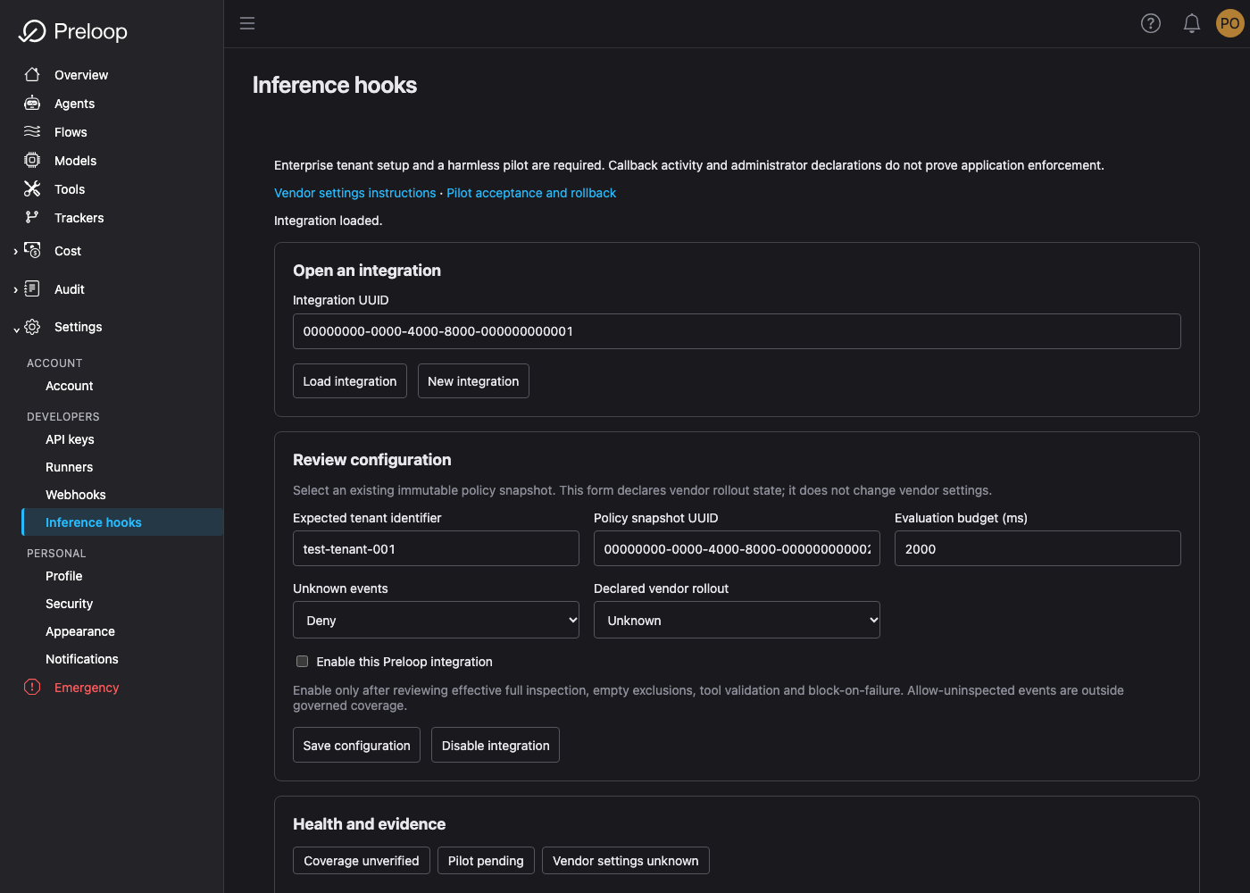 A loaded synthetic integration with its configuration and health badges reading Coverage unverified, Pilot pending and Vendor settings unknown