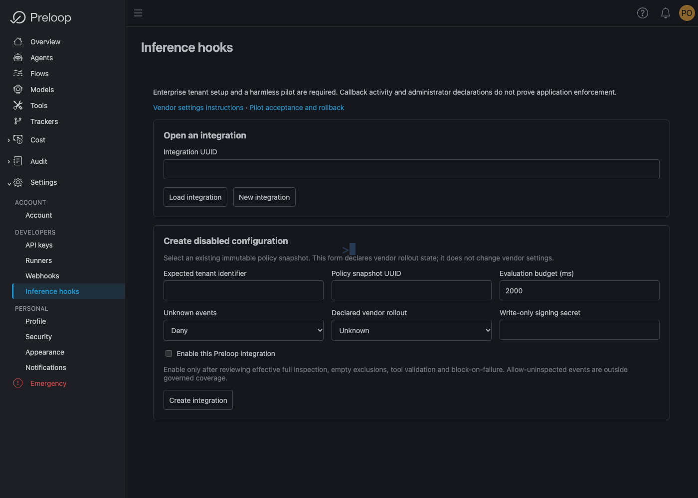 Inference hook setup form with disabled defaults, an empty write-only signing secret field and links to vendor and acceptance instructions