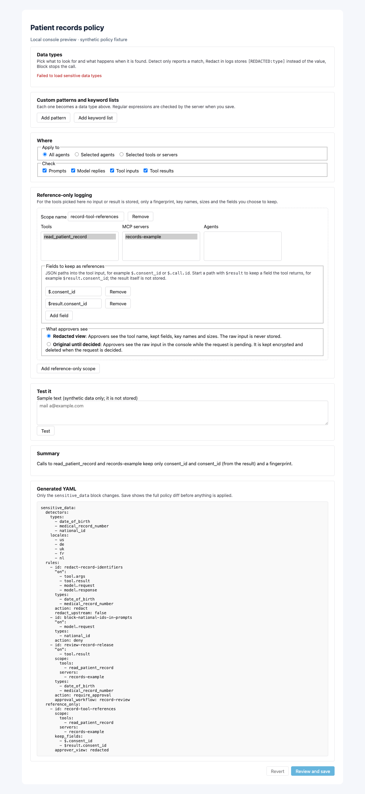 Sensitive data console with the synthetic patient policy
