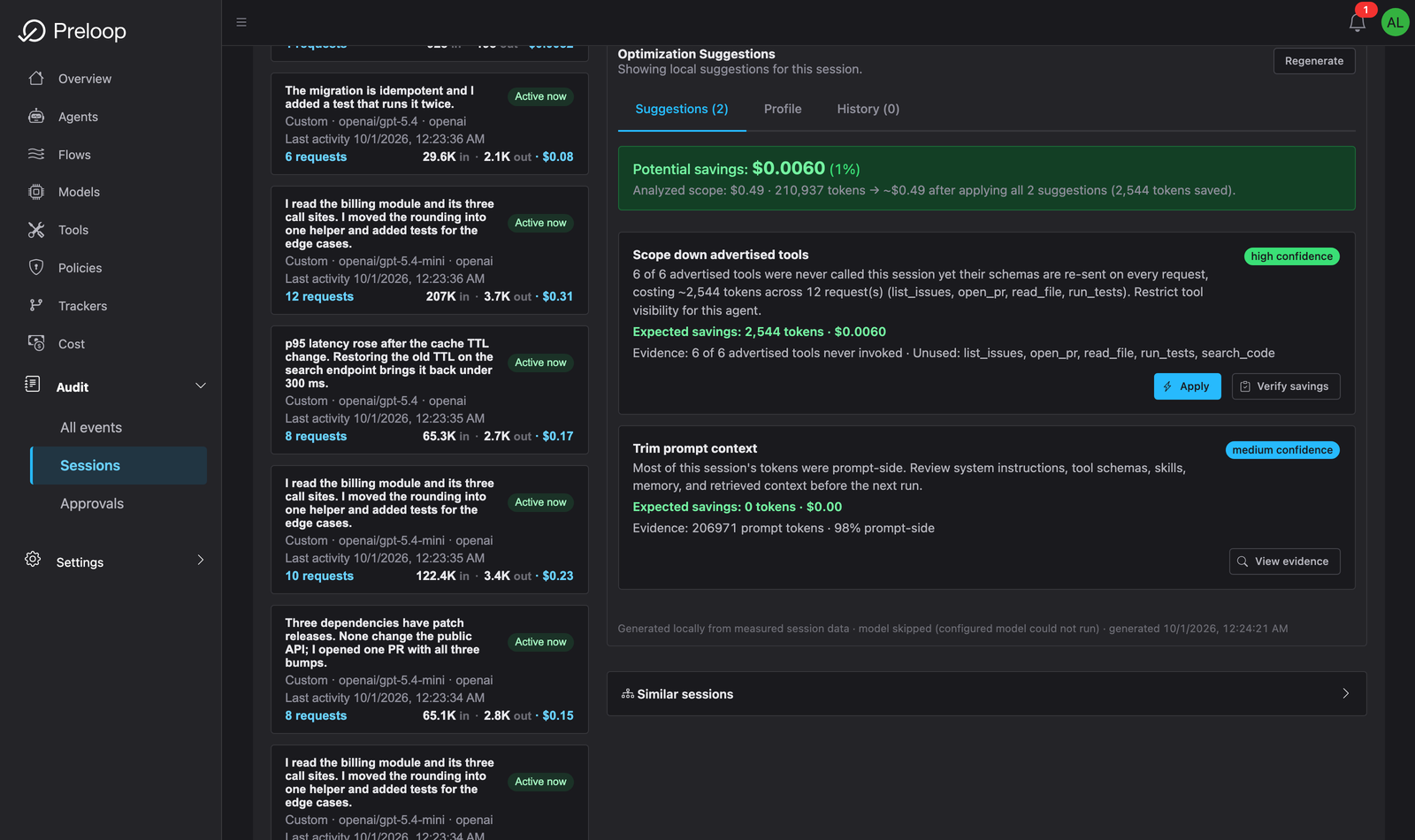 The Optimize tab in the session observer showing an optimization suggestion with evidence