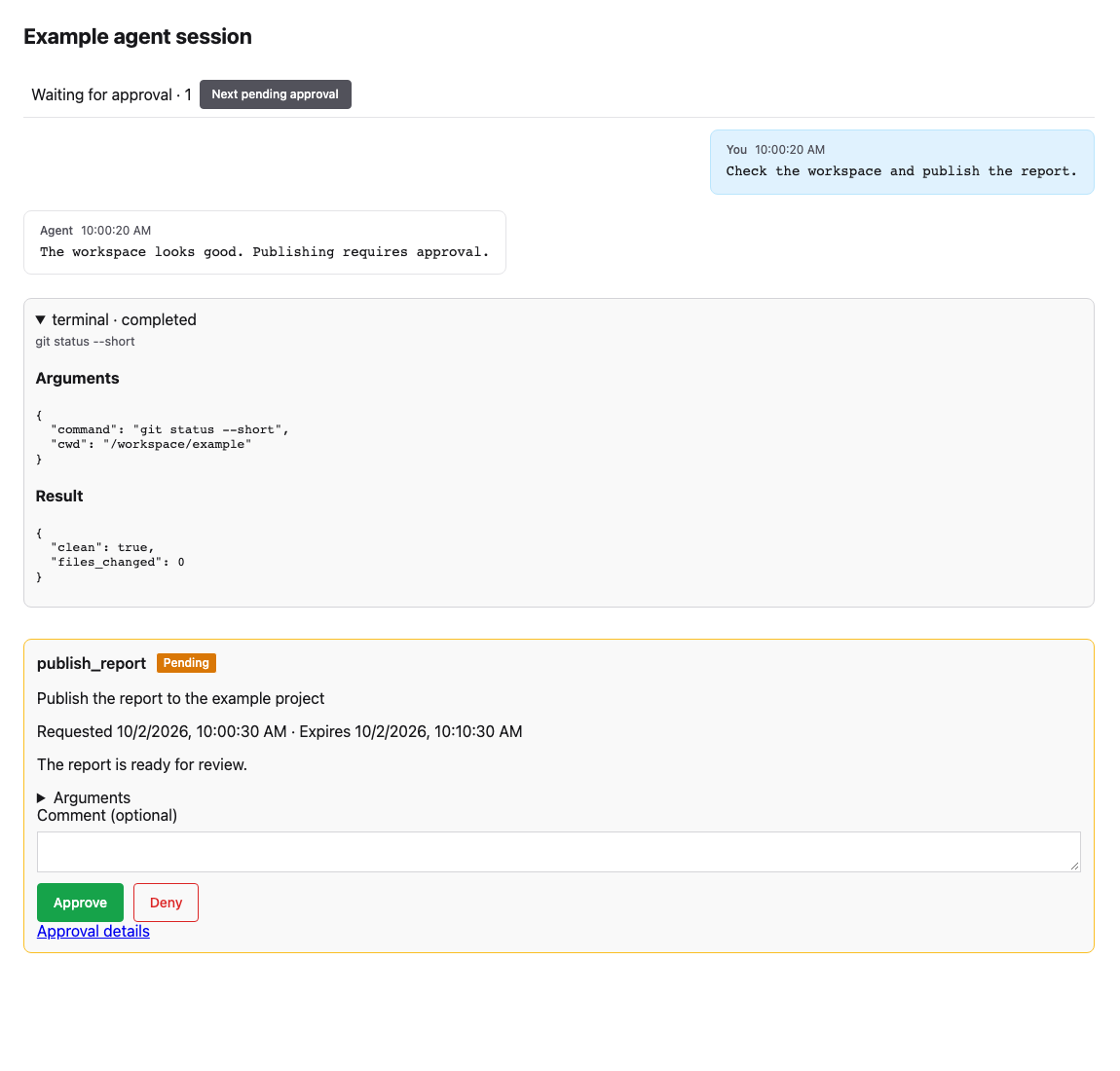 Named tools and pending approval in a synthetic session