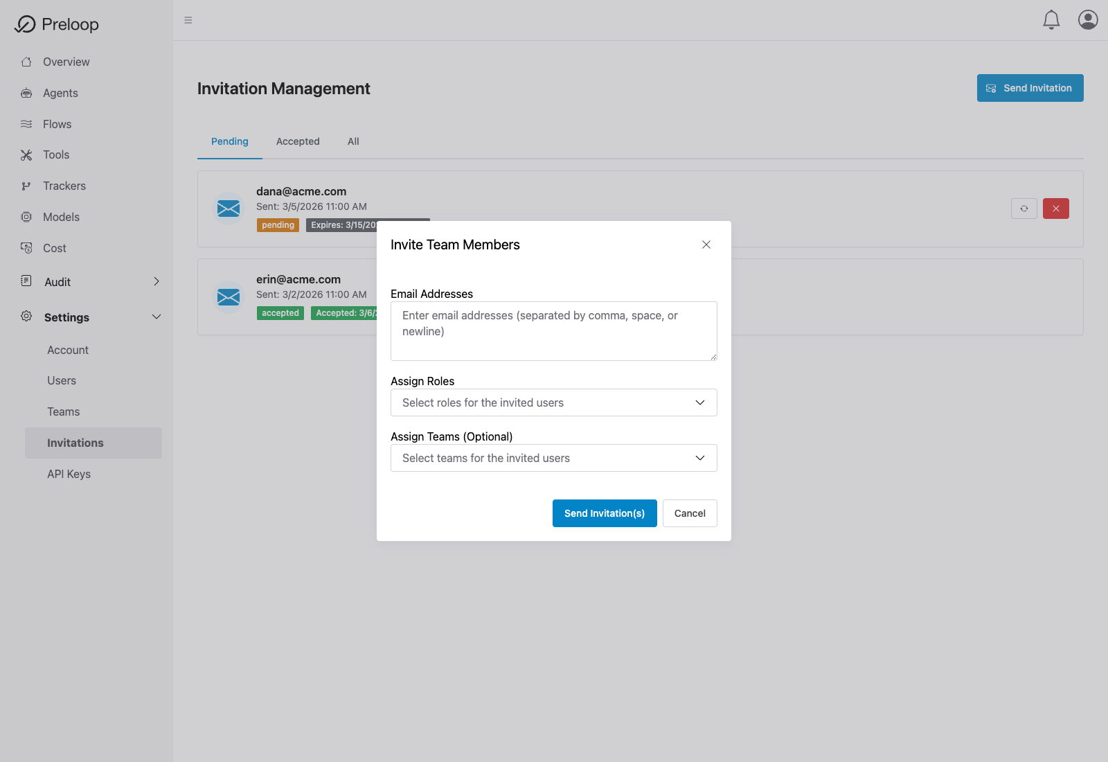 Send Invitation modal with optional teams