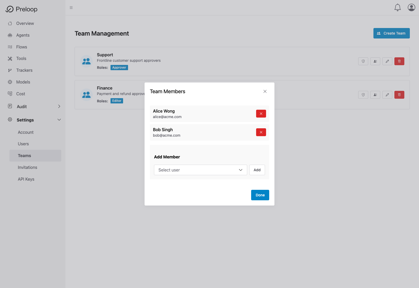 Team Members modal in Preloop