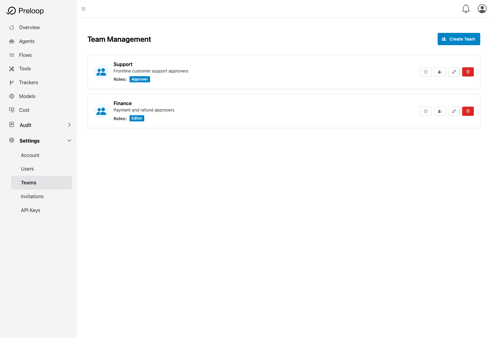 Team Management page in Preloop