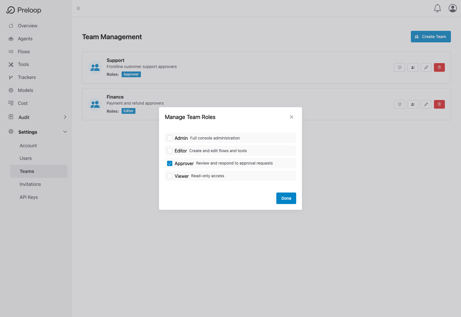 Manage Team Roles modal in Preloop